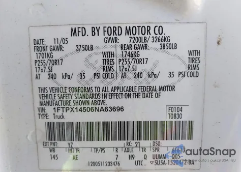 2006 Ford F-150 from USA, damaged, VIN 1FTPX14506NA63696